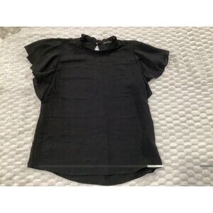 Gibson Women Top S Black Short Sleeve Tie Neck Designer Pullover Blouse Classic